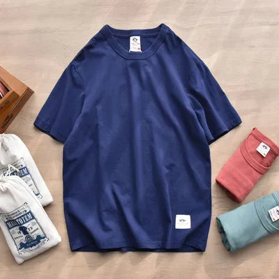 Summer New American Retro Short-sleeved O-neck Soild Color T-shirt Men's Fashion Simple 100% Cotton Washed Casual Sport Tops