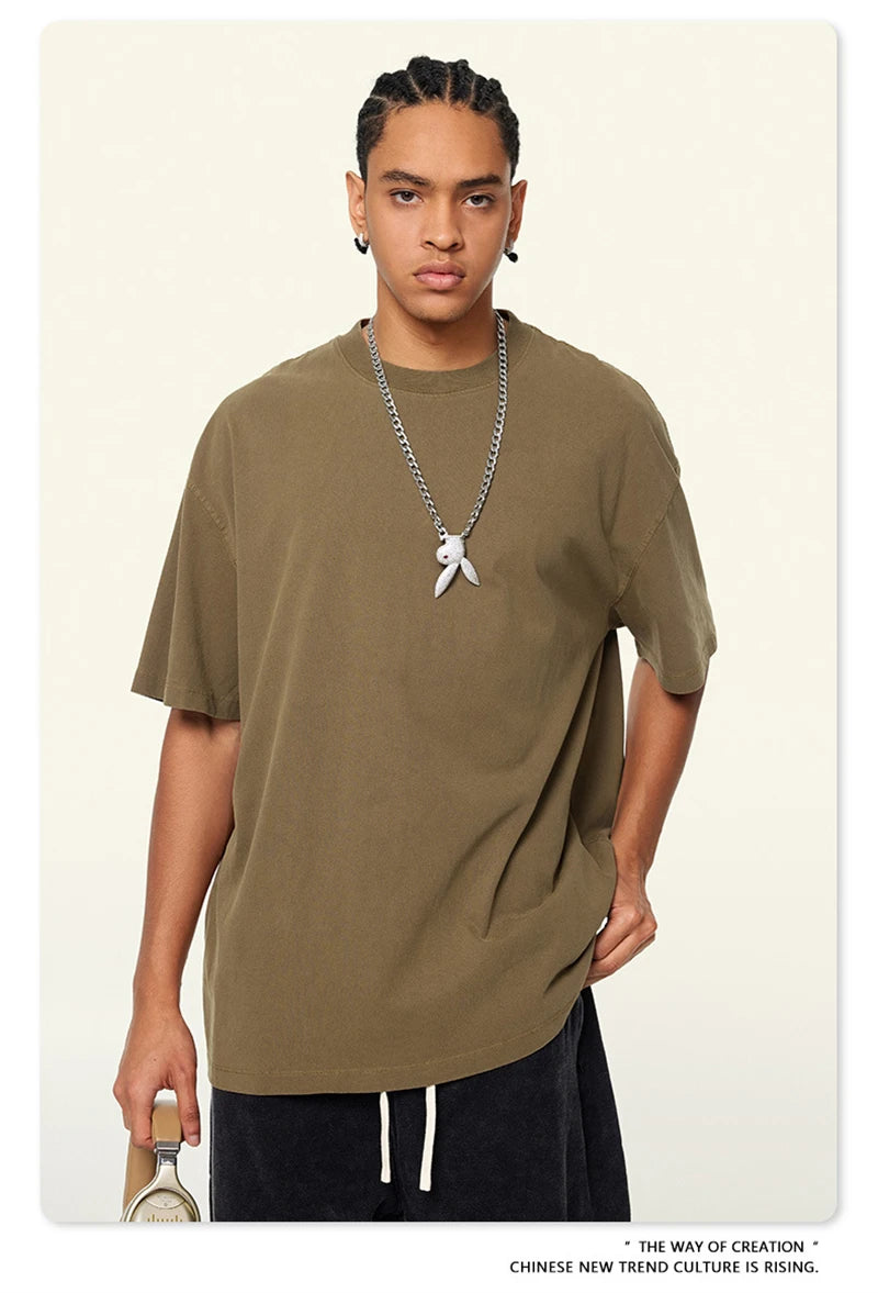 ZODF New Spring Summer 200gsm Washed Cotton T Shirts For Men Unisex Women Retro Casual Basic Solid T-Shirt Brand Tees HY0775