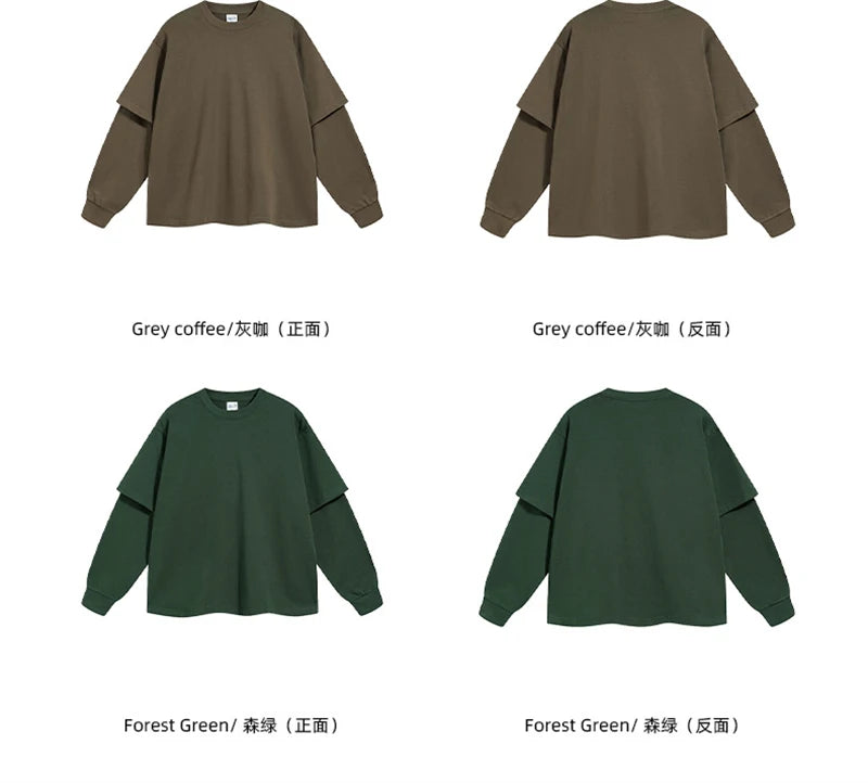 ZODF Fashion Spring Autumn Men 100% Cotton T-Shirt Unisex Fake 2-Piece 305gsm Solid Full Sleeve O Neck T Shirt Brand Tees HY0925