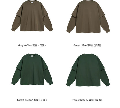 ZODF Fashion Spring Autumn Men 100% Cotton T-Shirt Unisex Fake 2-Piece 305gsm Solid Full Sleeve O Neck T Shirt Brand Tees HY0925