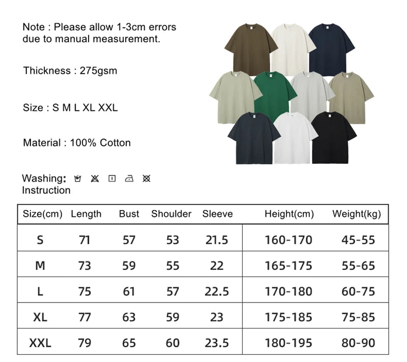 ZODF New Summer Men 275gsm Cotton T Shirts Unisex Women High Street Oversized FG Noshrink Solid T-Shirt Streetwears HY0152