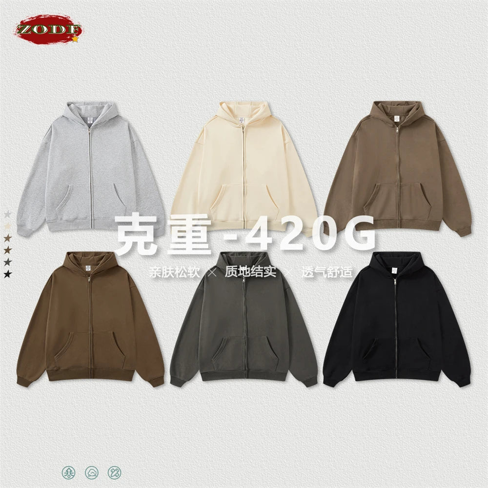 ZODF New Winter Men Zipper Fleece Hoodies Unisex Loose Heavy Weight Thick Warm Basic 420gsm Hooded Coats Hoodie HY0747
