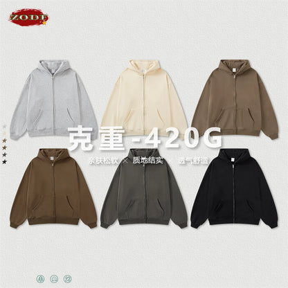 ZODF New Winter Men Zipper Fleece Hoodies Unisex Loose Heavy Weight Thick Warm Basic 420gsm Hooded Coats Hoodie HY0747