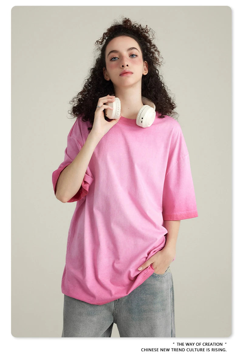 ZODF 2023 Men's Summer 255G Wash Gradient Fried Cotton T Shirt Round Neck Short Sleeve American Retro Loose T-Shirt HY0547