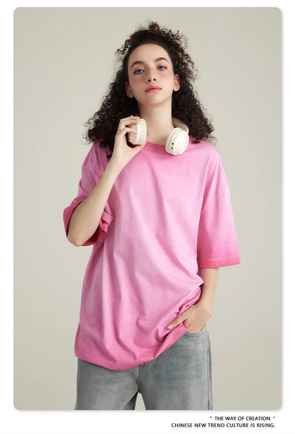 ZODF 2023 Men's Summer 255G Wash Gradient Fried Cotton T Shirt Round Neck Short Sleeve American Retro Loose T-Shirt HY0547