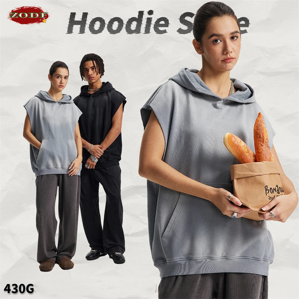 ZODF Summer Autumn Man Washed Sleeveless Hoodies For Men Unisex Loose Edge Distressed 380gsm Cotton Hooded Pullovers HY1097