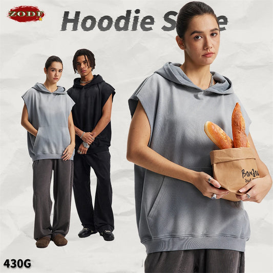 ZODF Summer Autumn Man Washed Sleeveless Hoodies For Men Unisex Loose Edge Distressed 380gsm Cotton Hooded Pullovers HY1097