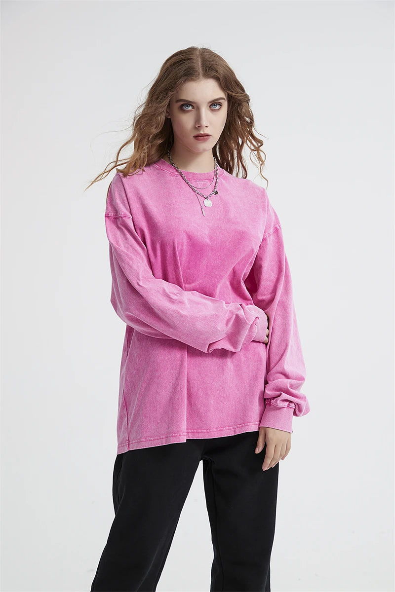 ZODF Retro Men Long Sleeve Washed Cotton T Shirt Unisex Loose 250gsm Basic Atumn TEES Tops Brand Streetwears HY0394