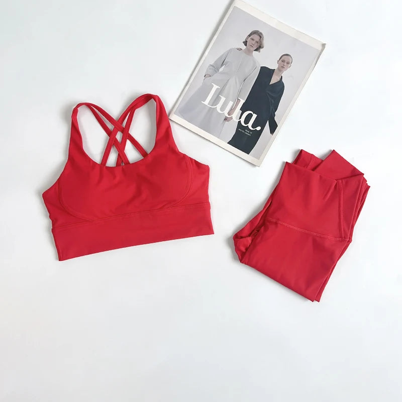2 Pieces Yoga Set Women Gym Set Workout Clothes Sports Suits High Waist Leggings Cross Straps Fitness Bra Top Running Tracksuit
