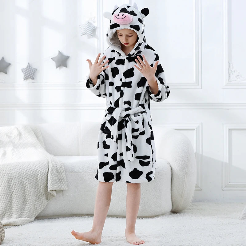 Toddler Boys Bathrobe Girl Sleepwear Winter Flannel Hooded Bath Towel Teen Dinosaur Cow Pjs Animal Pajamas Robe Children Clothes