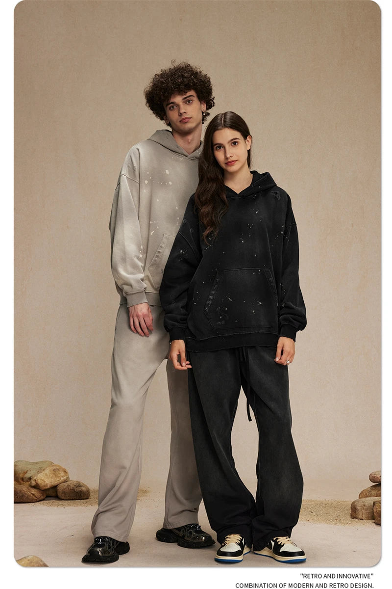 ZODF Autumn Winter Spray Dyeing Ink Splashing Hoodies For Men Unisex 450gsm Washed Oversized Knitted Hooded Pullovers HY0908