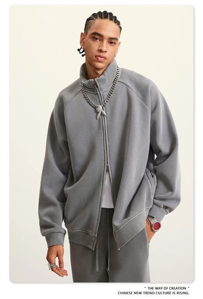 ZODF Retro Winter Men Washed Fleece Zipper Jackets Unisex Loose Oversized 400gsm Raglan Sleeve Coats Streetwears HY0649