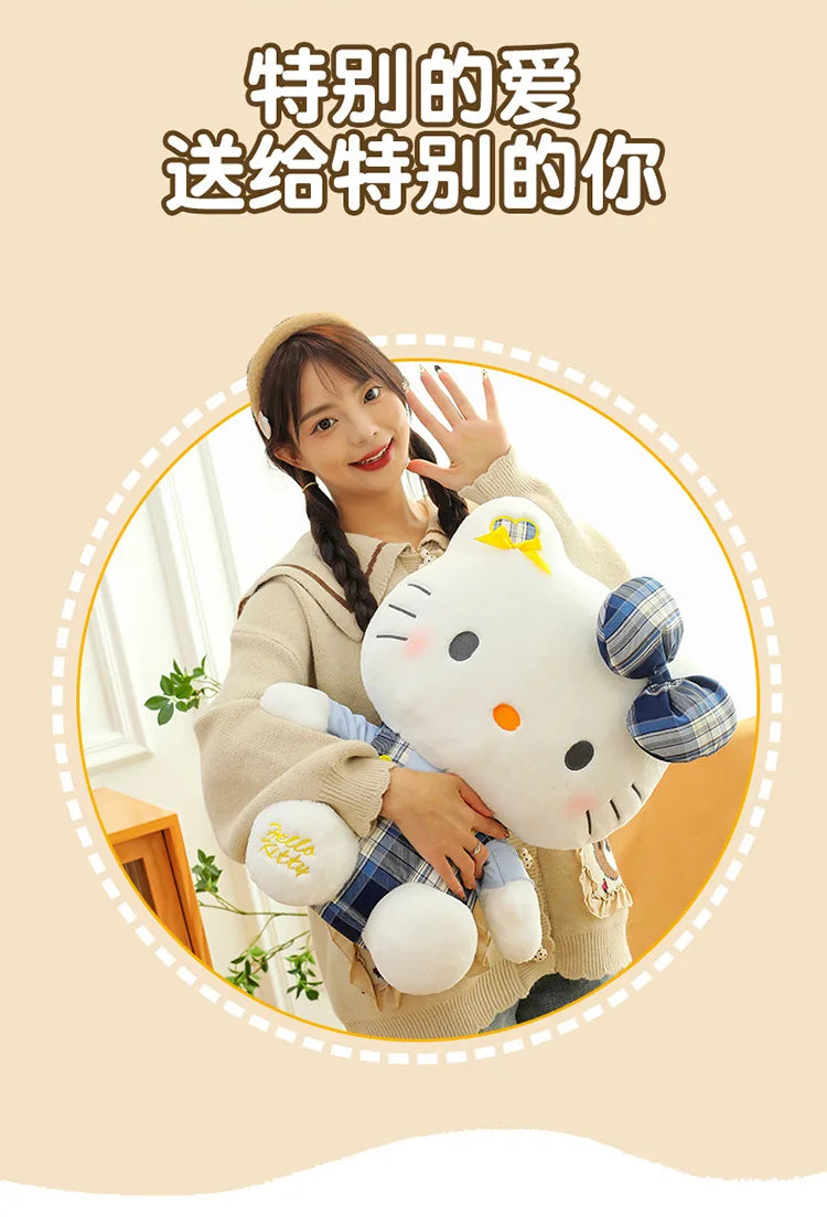Sanrio Hello Kitty Plush Toy Retro Plaid Skirt Kitty Doll Stuffed Animal Creative Gift for Kids Birthday Christmas Girls Pillow