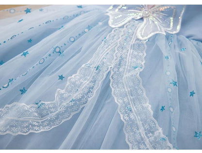 MINISO Girls Dress Blue Toddler Girl Mesh Lace Dress Summer Infant Fuffy Tulle Tutu Frozen Princess Dress 2 to 3 4 5 6 7 8Years