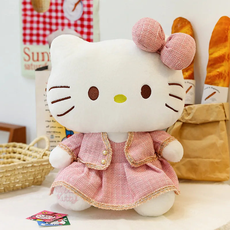 Sanrio Plush Cat Stuffed Animal Doll Large Checkered Skirt Kawaii Pillow Toy for Kids Birthday Christmas Gift for Girls Bedtime