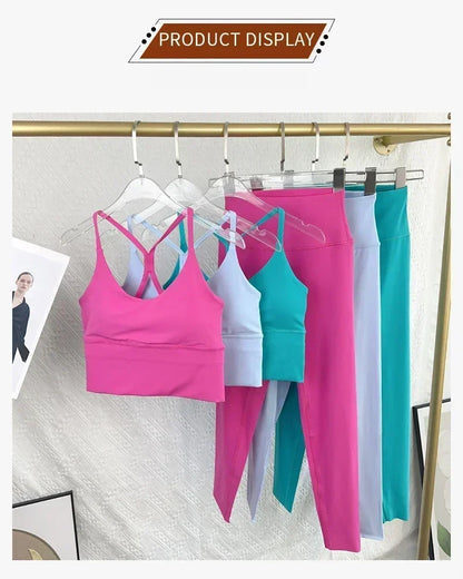 2 Piece Yoga Set Sportswear Fitness Suit with Sexy Cross Back Top and High Waist Elastic Leggings for Running Workout