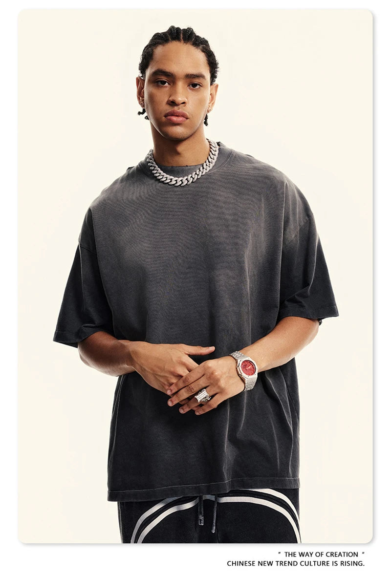 ZODF 2024 Summer Men Washed Gradient T-Shirts Unisex Women Distressed 250gsm Cotton T Shirt Brand Tees Streetwears HY0814