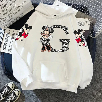 2024 Women's Winter Jacket Cute Kawaii Disney Mickey Mouse Lucky Letters Print White Hoodie Fashion Couple Streetwear Sportswear