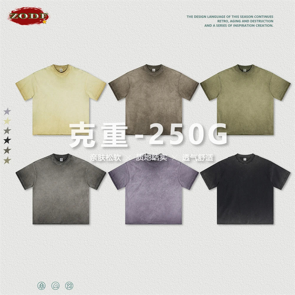 ZODF Fashion 2024 250gsm Washed Distressed T-Shirts For Men Unisex Women Retro Cotton Relax Fit T Shirt Brand Tees HY0838