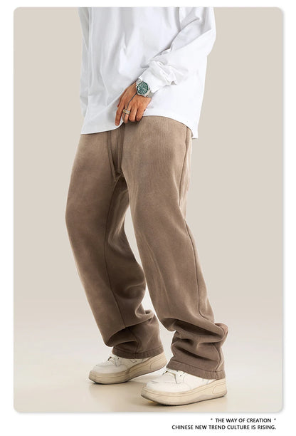 ZODF Retro Winter Monkey Washed Fleece Pants For Men Unisex Washed High Street 332gsm Warm Oversized Straight Trousers HY0892