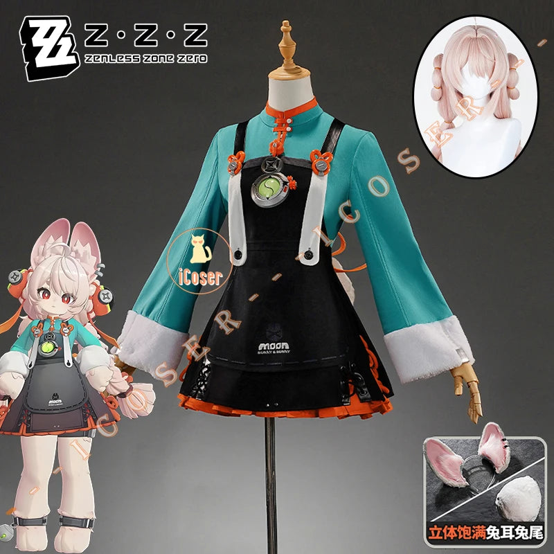 Zenless Zone Zero Zhao Cosplay Costume Wig Dress Uniform Tail Earrings Headwear Rabbit Ear Halloween Party for Women Girls Props