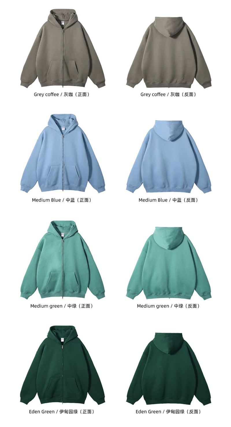 ZODF New Men Double Headed Zipper Fleece Hoodies Unisex Loose Basic Solid Warm Hooded Sweatshirts Coats For Winter HY0633