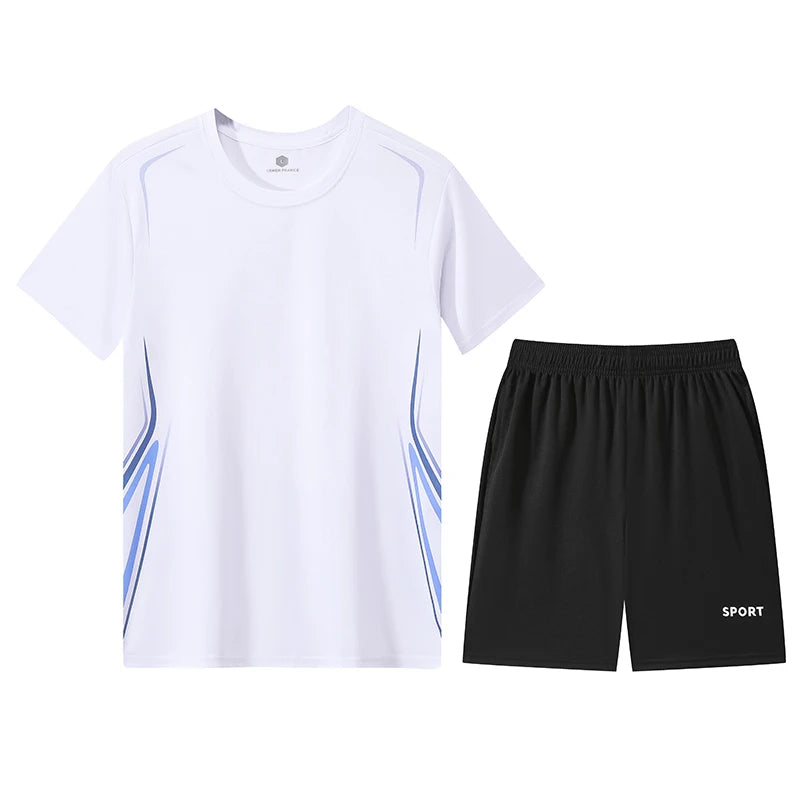 Chrlck Unisex Gradient Quick-Dry Ice Silk Fitness T-Shirt and Shorts Set for Running Gym Training - White / M(40kg-49kg)