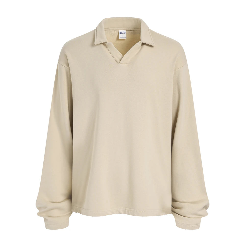 ZODF Retro Heavy Weight 400gsm Washed Cotton T-Shirts For Man Unisex Full Sleeve Turn Down Collar T Shirt Brand Tops HY1087