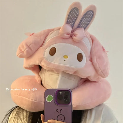 Lovely My Melody U-shaped Hooded Pillow Kawaii Japanese Style Blackout Travel Pillow Office Cartoon Nap Pillow Pink Girl