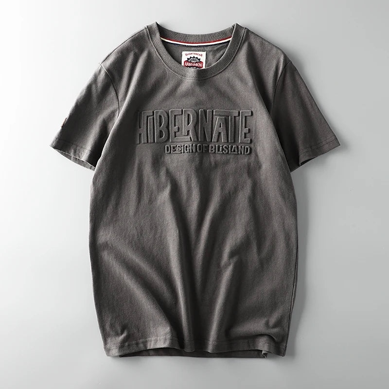 Summer American Retro Short-sleeved O-neck 3D Letter Printed T-shirt Men's Fashion Simple 100% Cotton Washed Casual Sport Tops