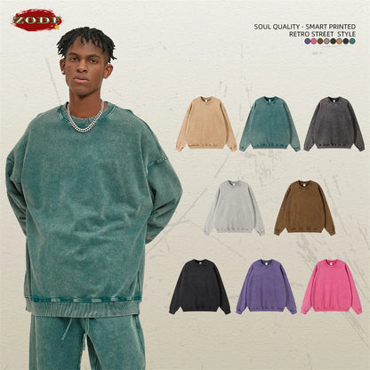 ZODF Retro Autumn Men Batik Washed Cotton Sweatshirts Unisex Loose 420gsm Terry O Neck Pullovers Streetwears HY0665