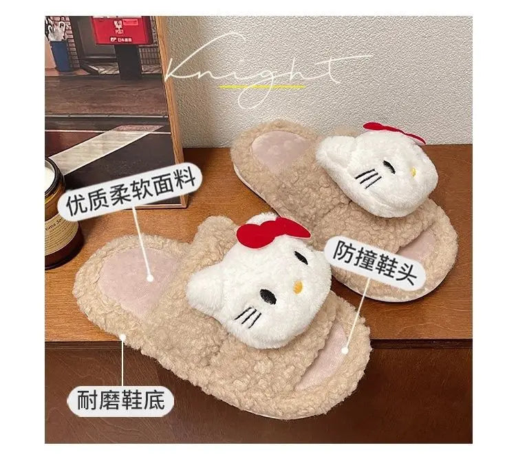New Sanrio Sweet Hello Kitty Warm Cotton Slippers For Student Dormitory Comfortable One Word Hairy Adult Cotton Slippers
