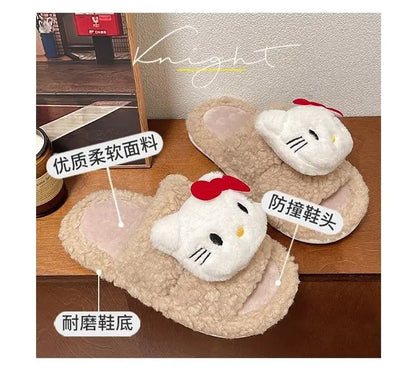New Sanrio Sweet Hello Kitty Warm Cotton Slippers For Student Dormitory Comfortable One Word Hairy Adult Cotton Slippers