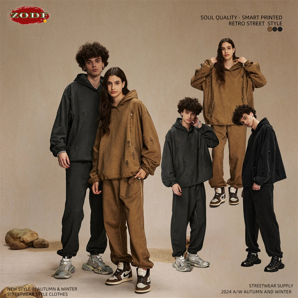 ZODF Vintage Winter Men Distressed 450gsm Hoodies Unisex High Street Ripped Holes Elastic Hem Hooded Pullovers Coat HY0932