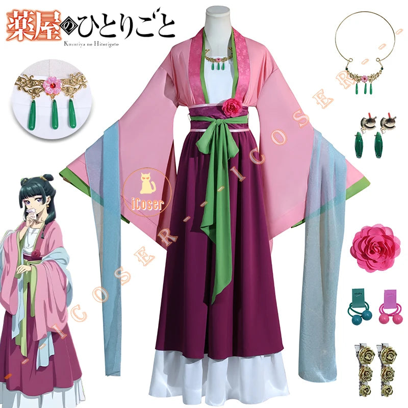 The Apothecary Diaries Maomao Cosplay Costume Wig Pink Dress Hanfu Necklace Earrings Halloween Party for Women Girls Prop iCoser