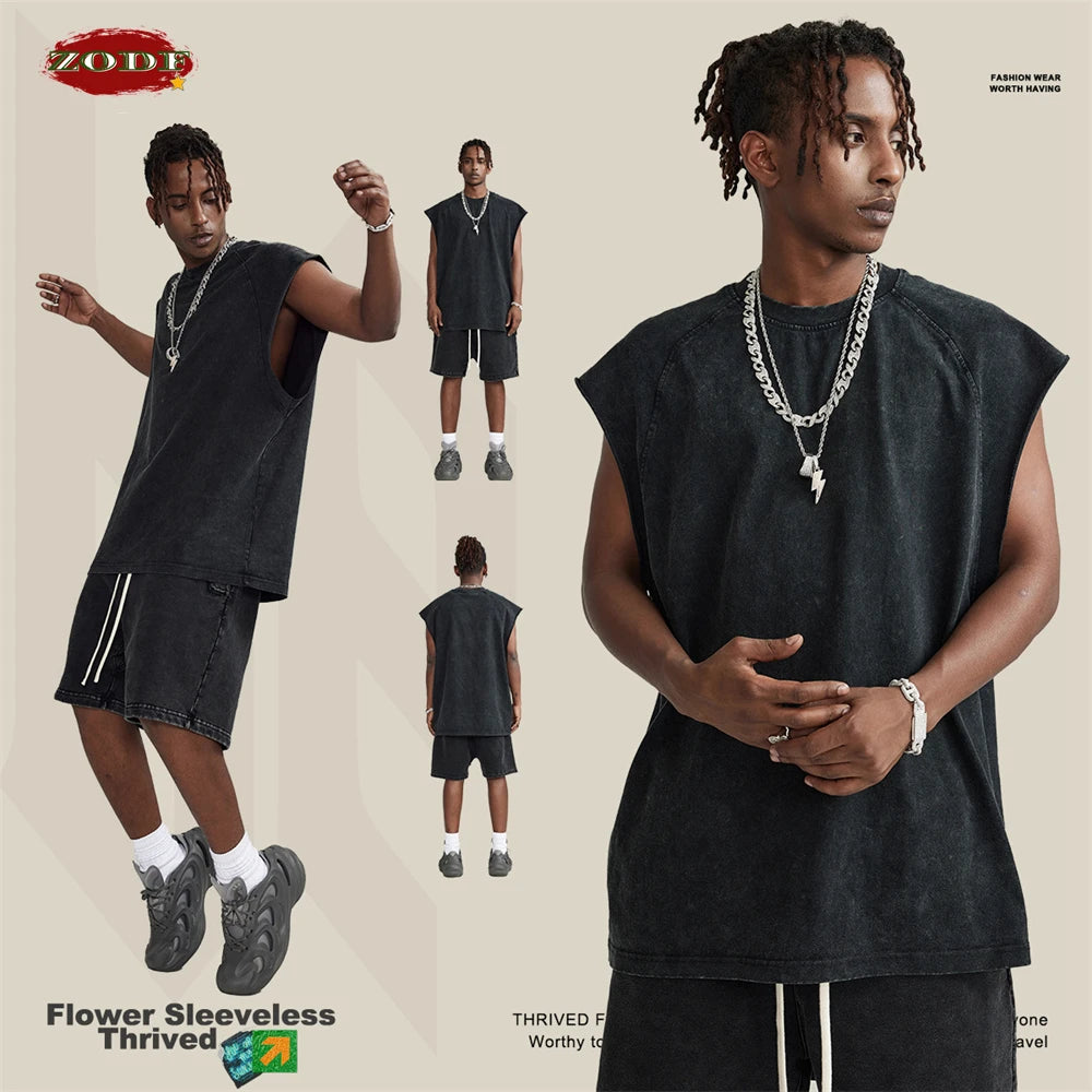 ZODF American Retro Men Washed Solid Tank Tops Women Unisex Loose Edge 275gsm Cotton Sleeveless Tees Brand Streetwears HY0503
