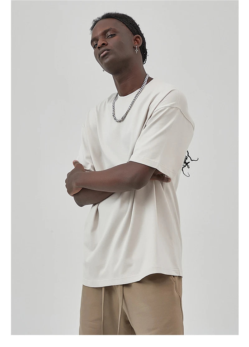 ZODF New Summer Men 275gsm Cotton T Shirts Unisex Women High Street Oversized FG Noshrink Solid T-Shirt Streetwears HY0152