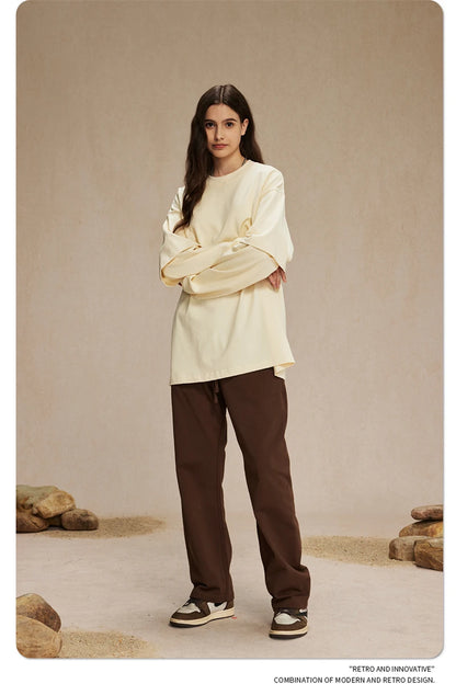 ZODF Fashion Spring Autumn Men 100% Cotton T-Shirt Unisex Fake 2-Piece 305gsm Solid Full Sleeve O Neck T Shirt Brand Tees HY0925