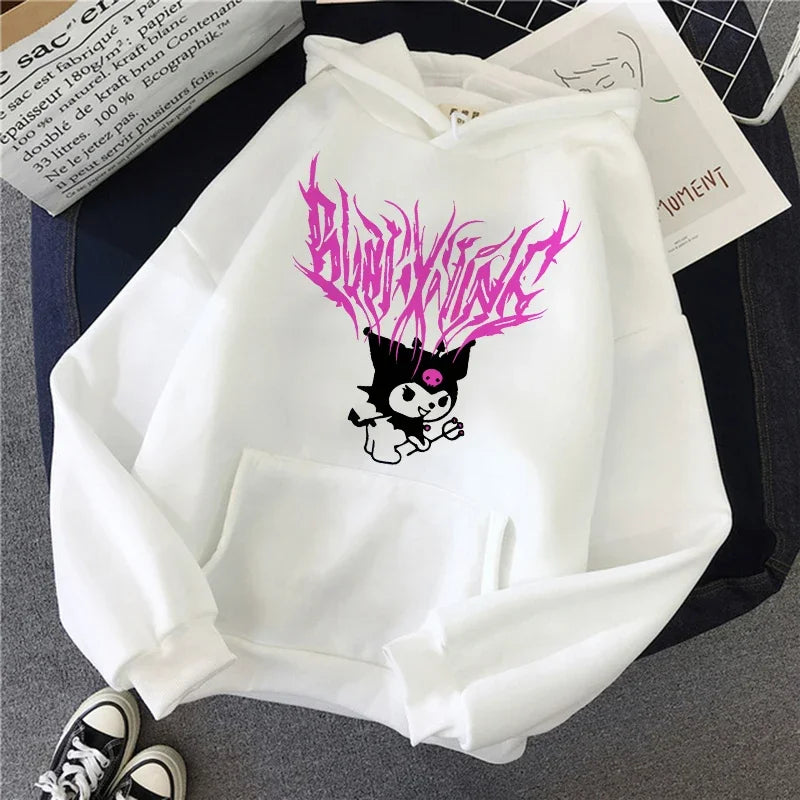 Long Sleeve Y2k Women'S Sweatshirt Luxury Brand Sanrio Kuromi Pattern Print Hoodie Girly Aesthetic Discount Youth Student Tops