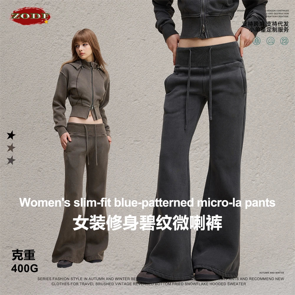 ZODF Retro Winter Women 400gsm Fleece Flared Pants Casual Girls Female Slim Fit Warm Washed Distressed Trousers HY1142
