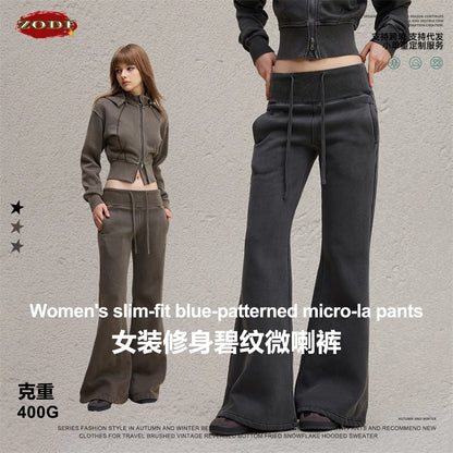 ZODF Retro Winter Women 400gsm Fleece Flared Pants Casual Girls Female Slim Fit Warm Washed Distressed Trousers HY1142