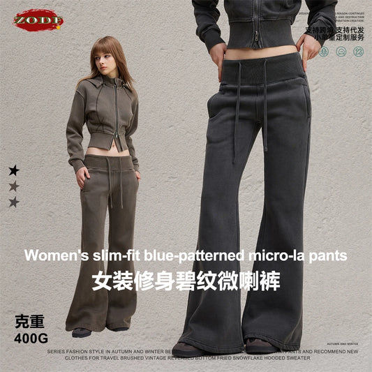 ZODF Retro Winter Women 400gsm Fleece Flared Pants Casual Girls Female Slim Fit Warm Washed Distressed Trousers HY1142