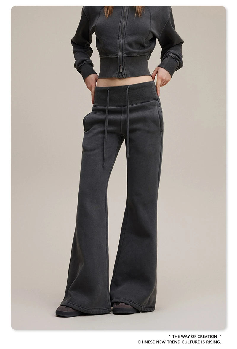 ZODF Retro Winter Women 400gsm Fleece Flared Pants Casual Girls Female Slim Fit Warm Washed Distressed Trousers HY1142