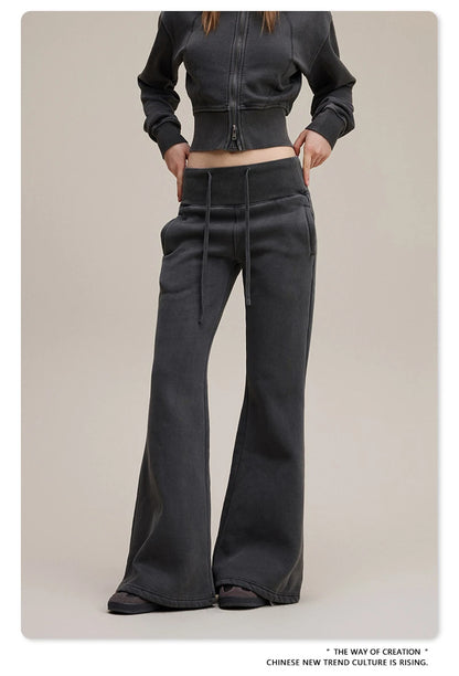 ZODF Retro Winter Women 400gsm Fleece Flared Pants Casual Girls Female Slim Fit Warm Washed Distressed Trousers HY1142