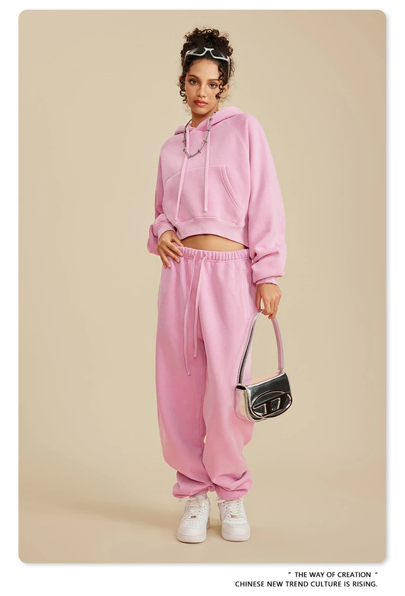 ZODF Women Hotsweet 2025 Winter Washed Fleece Crop Hoodies Girls Oversized Raglan Sleeve 400gsm Hooded Pullovers HY0648