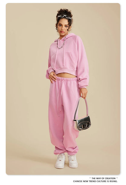 ZODF Women Hotsweet 2025 Winter Washed Fleece Crop Hoodies Girls Oversized Raglan Sleeve 400gsm Hooded Pullovers HY0648