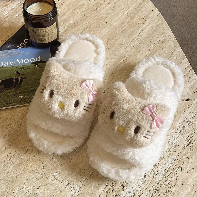 New Sanrio Sweet Hello Kitty Warm Cotton Slippers For Student Dormitory Comfortable One Word Hairy Adult Cotton Slippers