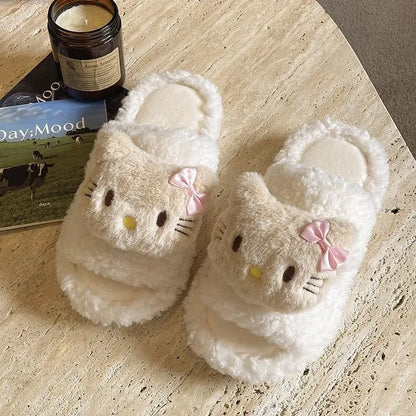New Sanrio Sweet Hello Kitty Warm Cotton Slippers For Student Dormitory Comfortable One Word Hairy Adult Cotton Slippers