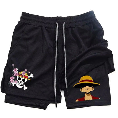 One Piece Luffy Anime Men Gym Shorts Summer Cartoon Print Quick Dry Streetwear Fashion Double-layer Sports Pants Men's Clothing