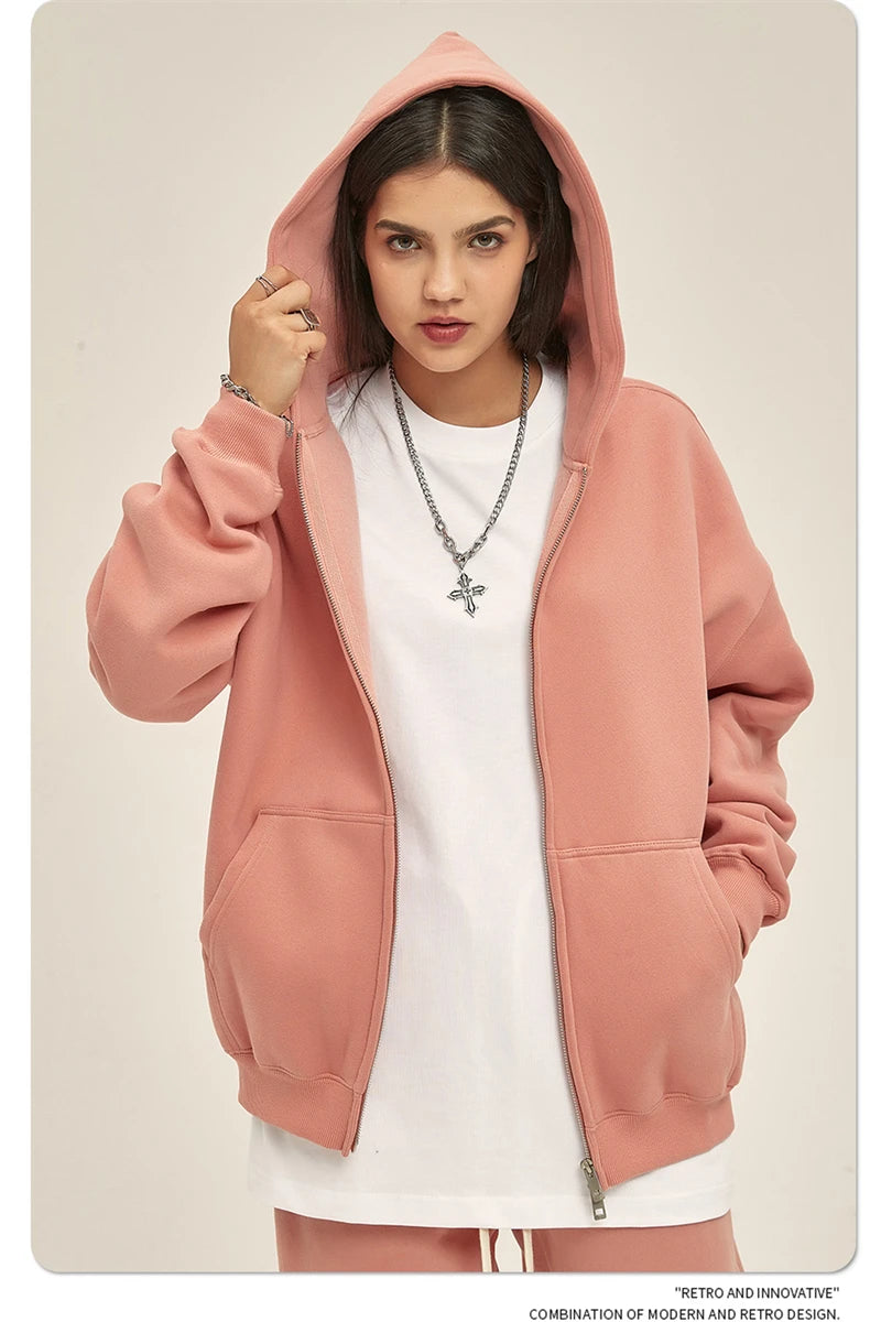 ZODF New Men Double Headed Zipper Fleece Hoodies Unisex Loose Basic Solid Warm Hooded Sweatshirts Coats For Winter HY0633